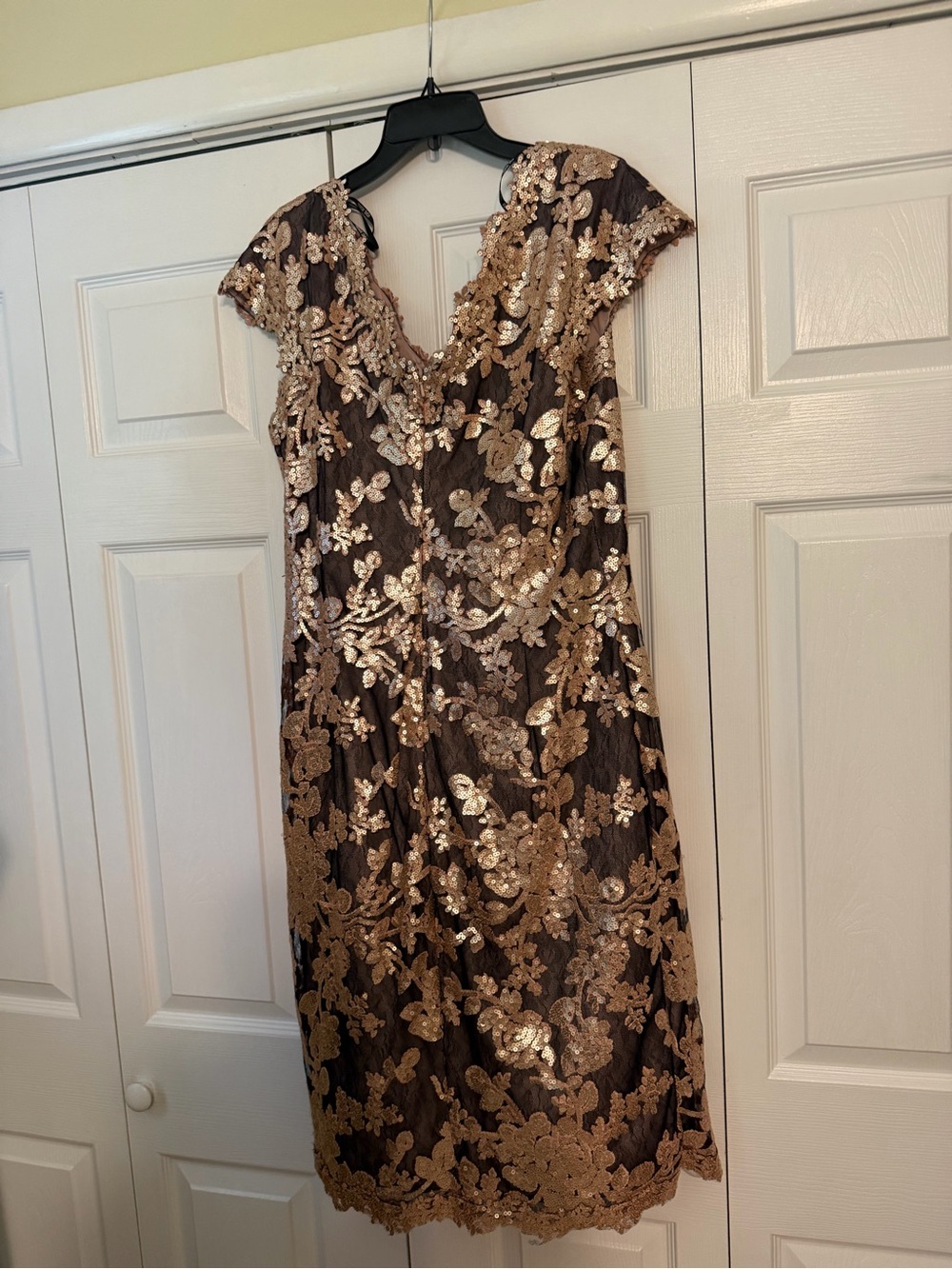 Tadashi Shoji Brown Midi Dress with Gold Sequin Lace Overlay